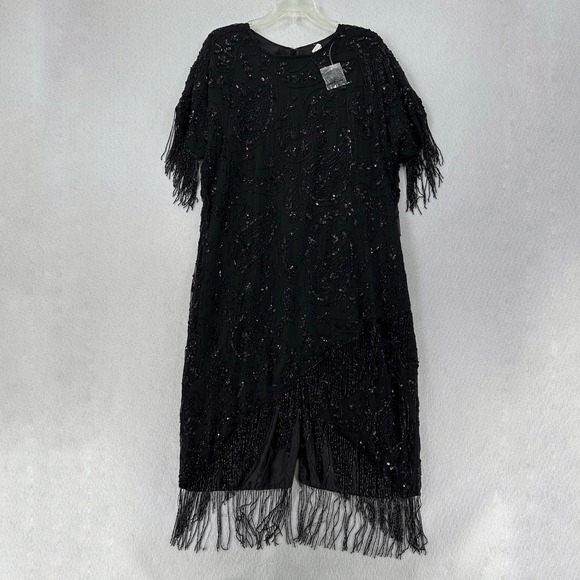 The Unbranded Brand Dresses & Skirts - Silk Evening Dress Fully Beaded Tassle Short Sleeve‎ Flapper Womens Large Black